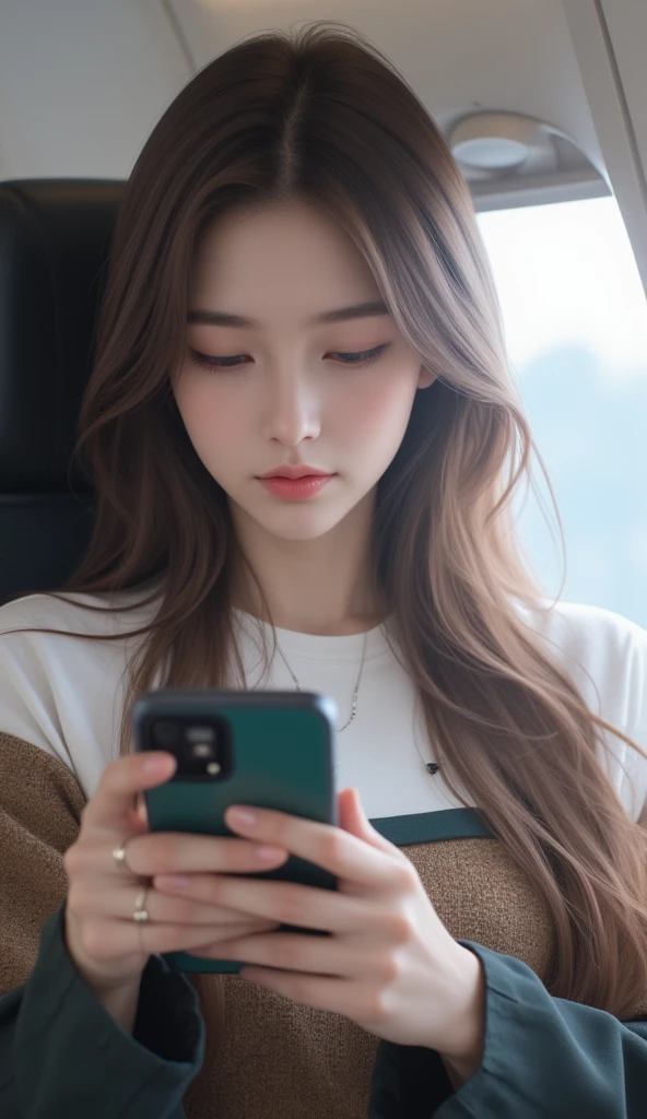 araffe girl sitting in a plane looking at her cell phone, beautiful south korean woman, gorgeous young korean woman, beautiful young korean woman, korean girl, cute korean actress, 19-year-old girl, gorgeous chinese model, she is about 1 , ruan jia beautiful!, with round face, asian girl with long hair, ulzzang