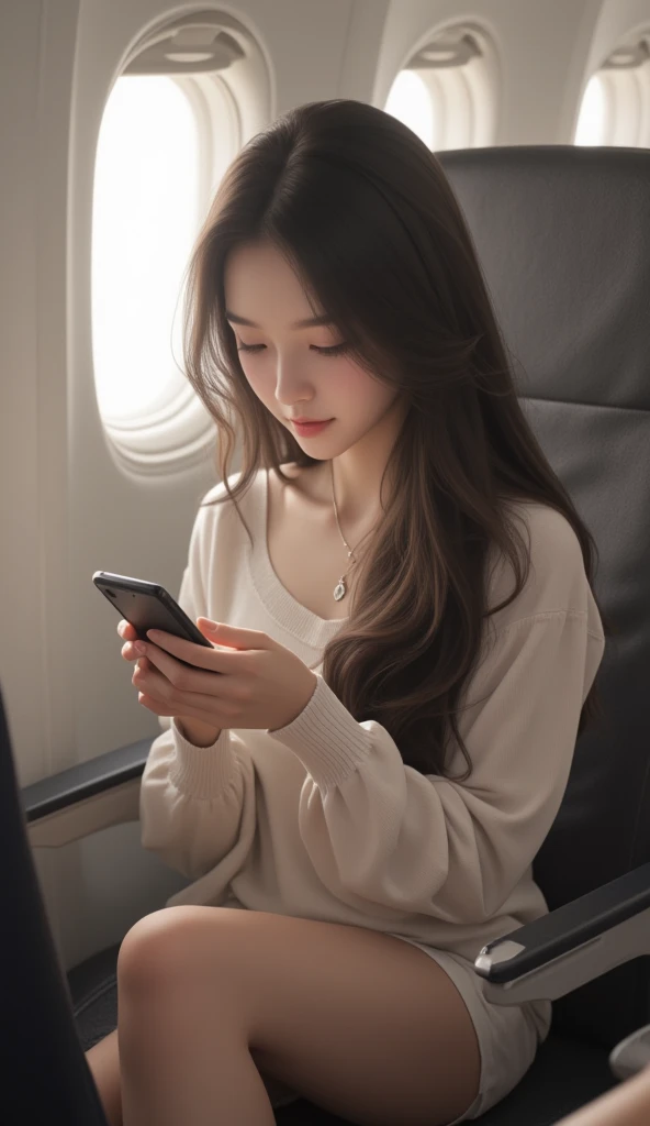 araffe girl sitting in a plane looking at her cell phone, beautiful south korean woman, gorgeous young korean woman, beautiful young korean woman, korean girl, cute korean actress, 19-year-old girl, gorgeous chinese model, she is about 1 , ruan jia beautiful!, with round face, asian girl with long hair, ulzzang