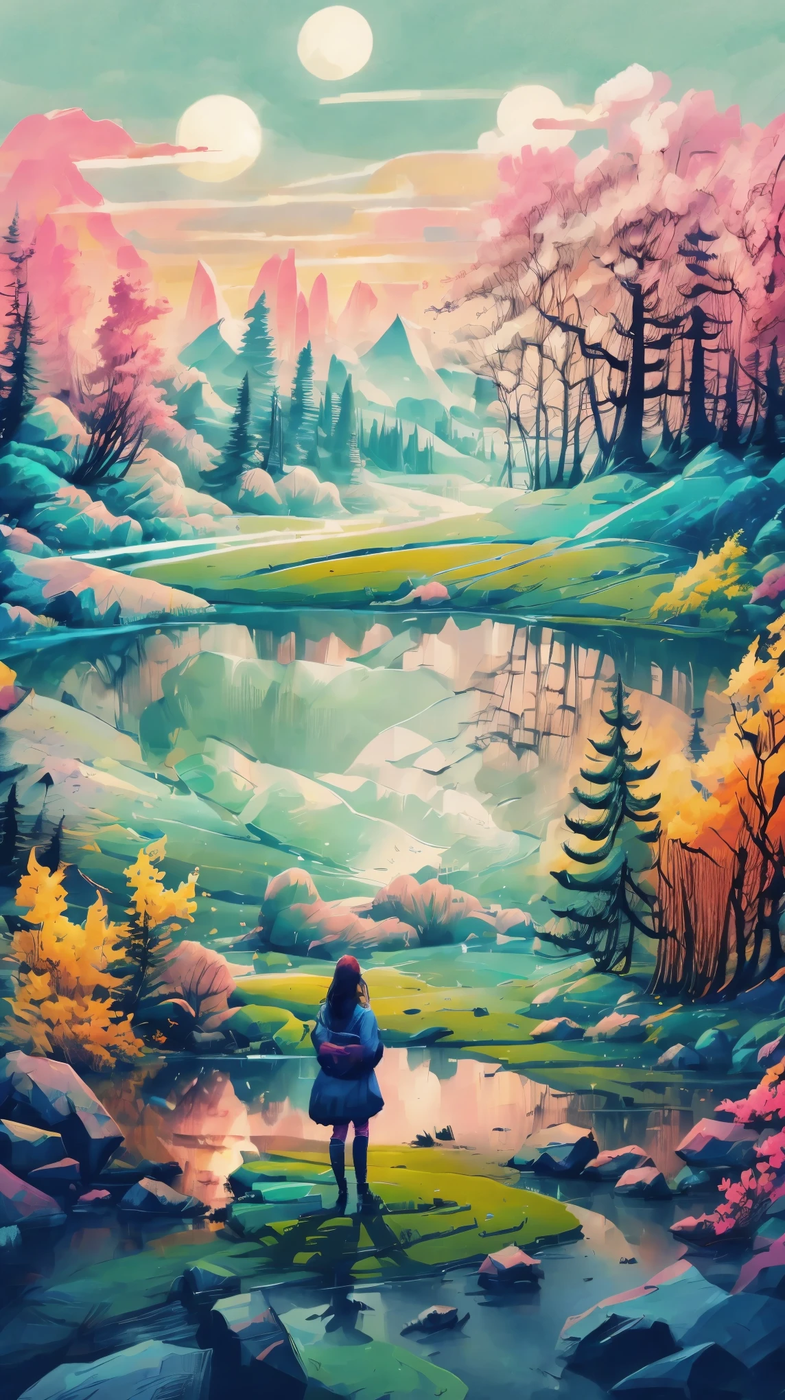 a beautiful landscape covered in wildflowers, a stunning lake with trees and mountains in the background, detailed nature scene, 1girl standing by the lake, beautiful detailed eyes, beautiful detailed lips, extremely detailed face, long eyelashes, serene expression, elegant flowing dress, sunlight filtering through the trees, warm color palette, soft lighting, (best quality,4k,8k,highres,masterpiece:1.2),ultra-detailed,(realistic,photorealistic,photo-realistic:1.37),landscape,vibrant colors,natural lighting,detailed foliage,reflections in the lake