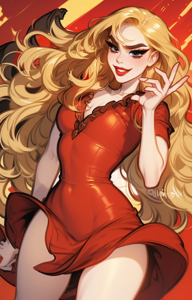 (Masterpiece:1.2), ultradetailed face, portrait, detailed shading, skinny, (dynamic pose:1.4), (confident:1.2), young woman, blushyspicy, thick lineart, heavy makeup, angry eyes, (red dress) fit dress, short skirt, perfect hands, (long wavy hair), wolfcut, red lips, smile, ((blonde hair)), pale skin, sexy pose