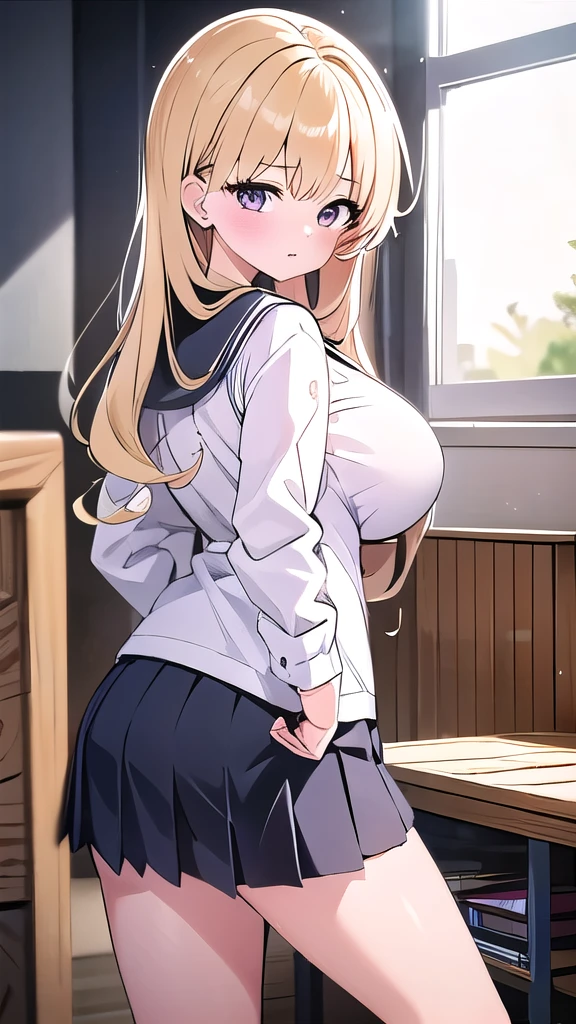  1 girl、,  Blonde , Golden Hair、Long Hair, Curly hair、Purple Eyes , 1 girl 、classroom、back、Rear view、Looking back、Panty shot、、Bitch、Tempting、Big Breasts、 clevis,Pink Lip、morning、Best Shadow,  Best Lighting、Black and white sailor suit、Mini length、 pleated skirt 、 loafers、Legs open、Black Knee High、Hip line