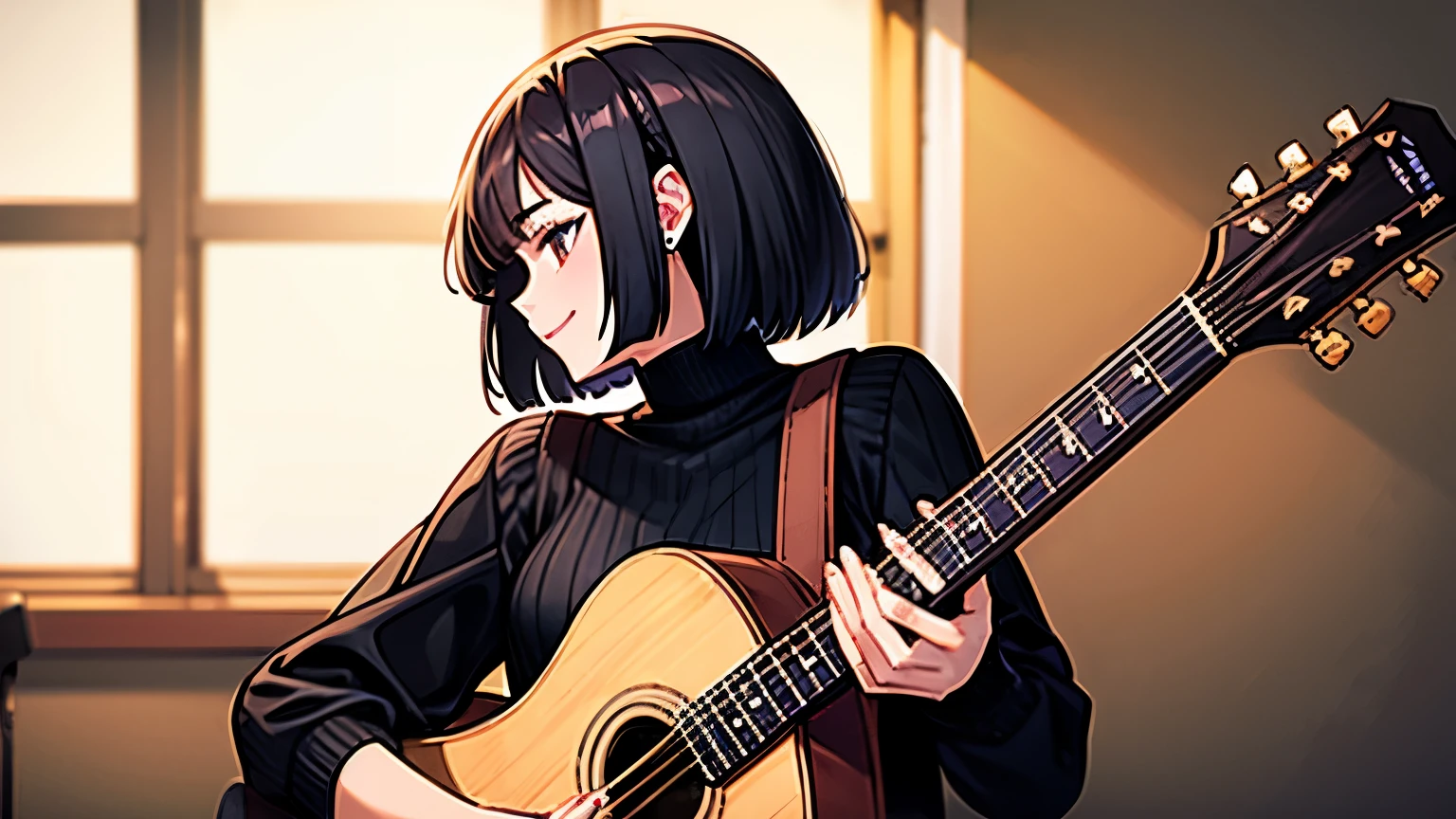 (( best quality)), ((masterpiece)), ( Details), 1girl, black turtleneck, Black Eyes,Bob Hair , Black Hair , viewers, long skirt, Long Sleeve , smile, is playing an acoustic guitar,indoor, 20 years old, Delicate fingertips,whole body,beautiful eyes, profile,