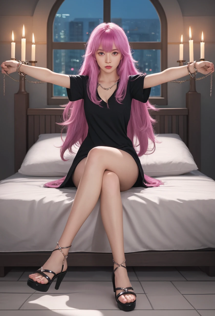score_9, score_8_up, score_7_up, score_6_up, score_5_up, score_4_up, source_anime, 1woman, She was lying down, bed, pink hair, ponytail, white eyes, w-w-chain, shackles, folding arms, clean hair, black shirt, skirts, thigh high boots, black boots, heels, night, floor, dungeon, best quality, best res, 4K UHD,