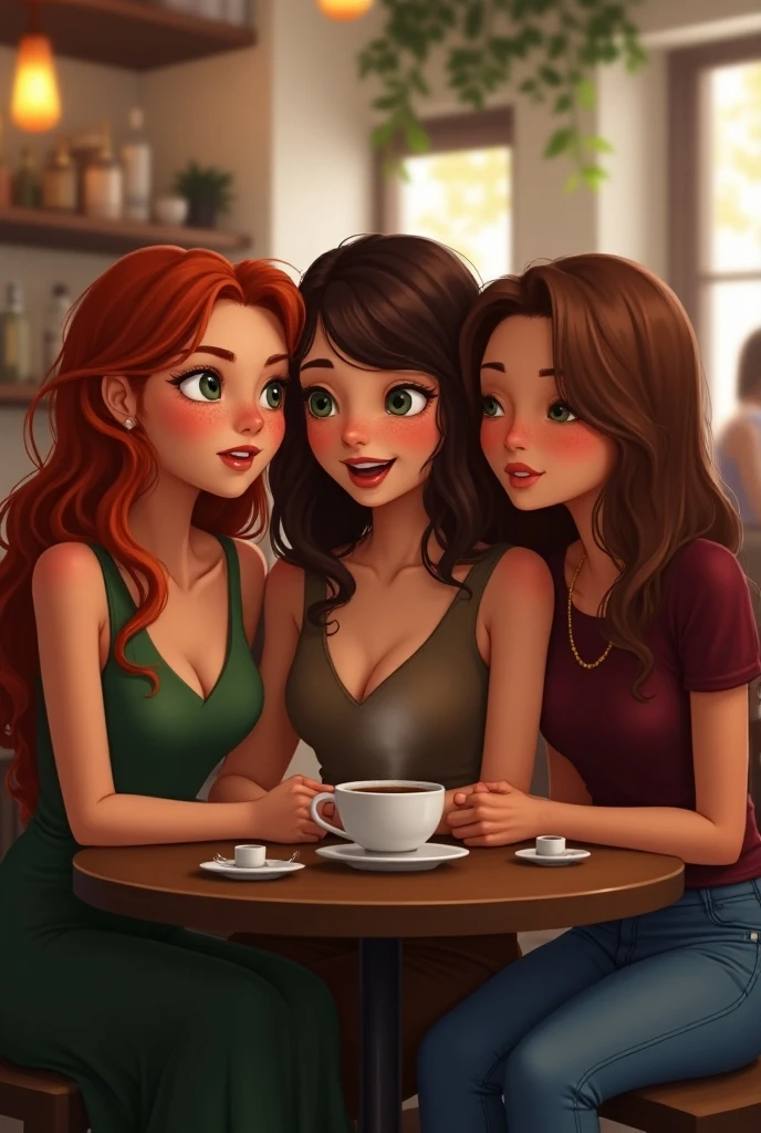 a pale woman with blue eyes and jet black hair, a pale blonde woman with light blue eyes, a red-haired girl with long hair, blue eyes and a light brown skinned girl, green eyes and curly brown hair. Sitting at a table while having breakfast, the four of them are happy and look at the camera