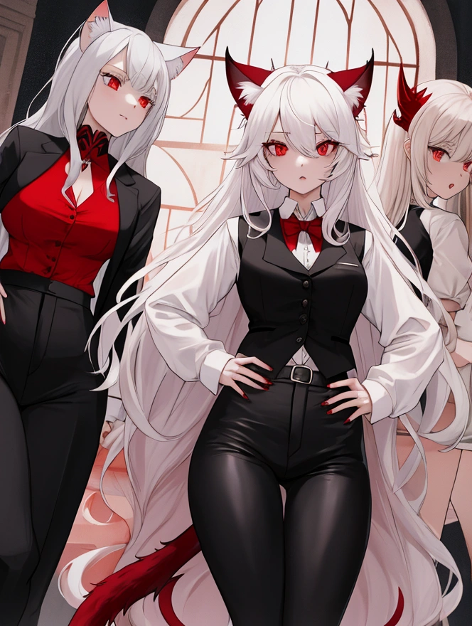 (1catgirl), catgirl cosplay outfit, heterochromatic, different eye colors, ((green right eye, yellow left eye)), (long eyelashes), hypnotized, (white hair), dark gray background, innocent adult catgirl, farting, blue panties