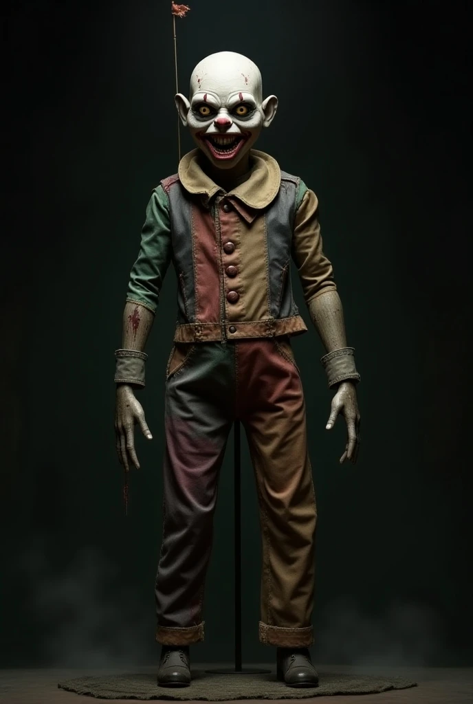 Realistic painting style，Wear a white-green clown mask，You can see the border between the face and the mask，Wearing a black winter down jacket，With a long-handled axe