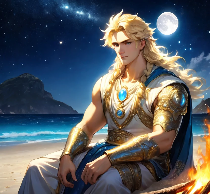 Blonde male God of Light, radiant, sitting on beach by a fire, starlight, full moon