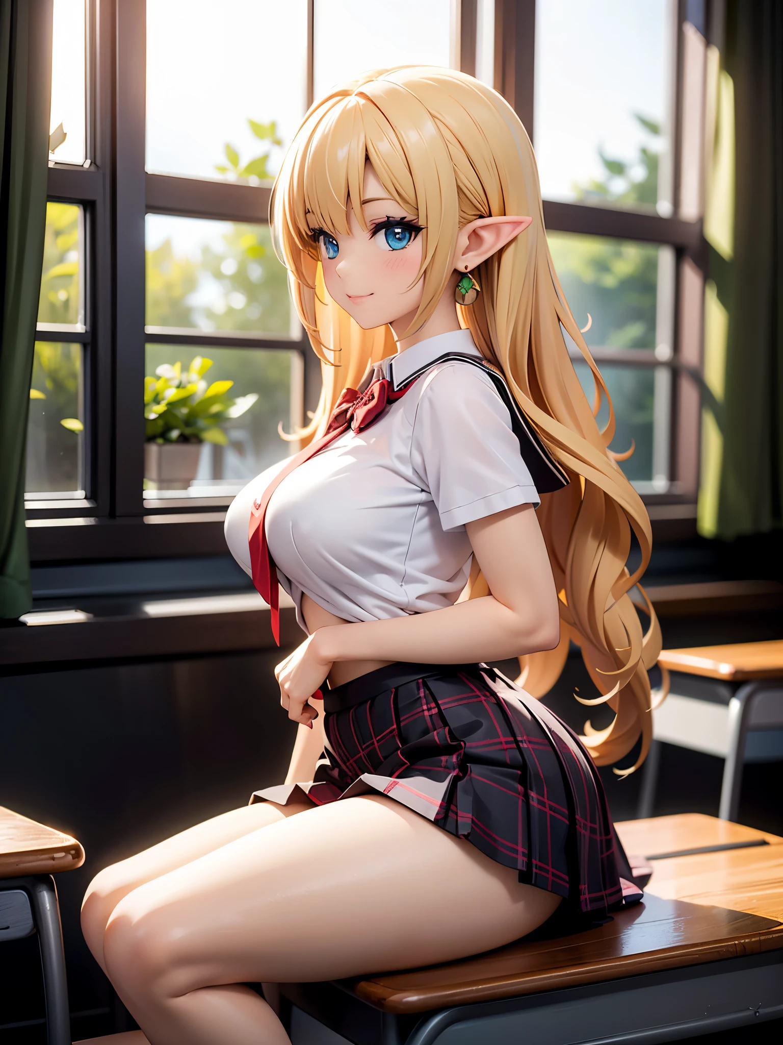 Realistic and detailed image of a elf in a school uniform with pleated plaid mini skirt. She has long wavy blonde hair in pigtails. Blue eyes. She has earrings, long eyelashes. she has medium breasts, slim waist, very wide hips and thick thighs. smiling, pleased face. Legs open, panty view. Back arched. She is sitting in a classroom with sun rays at sunset.