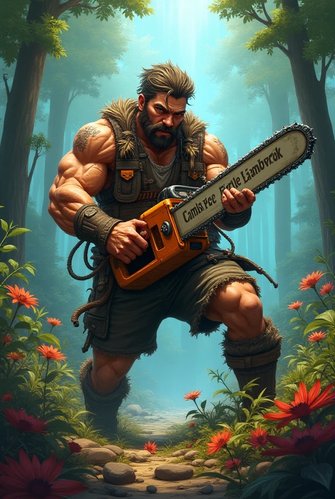 ,, handsome muscular shirtless brown haired bearded hairy man laughing hands behind back and feet tied in stocks on top of a fallen log, wearing suspenders and a jeans, tickled ribs, feet tickling by hands forest background,