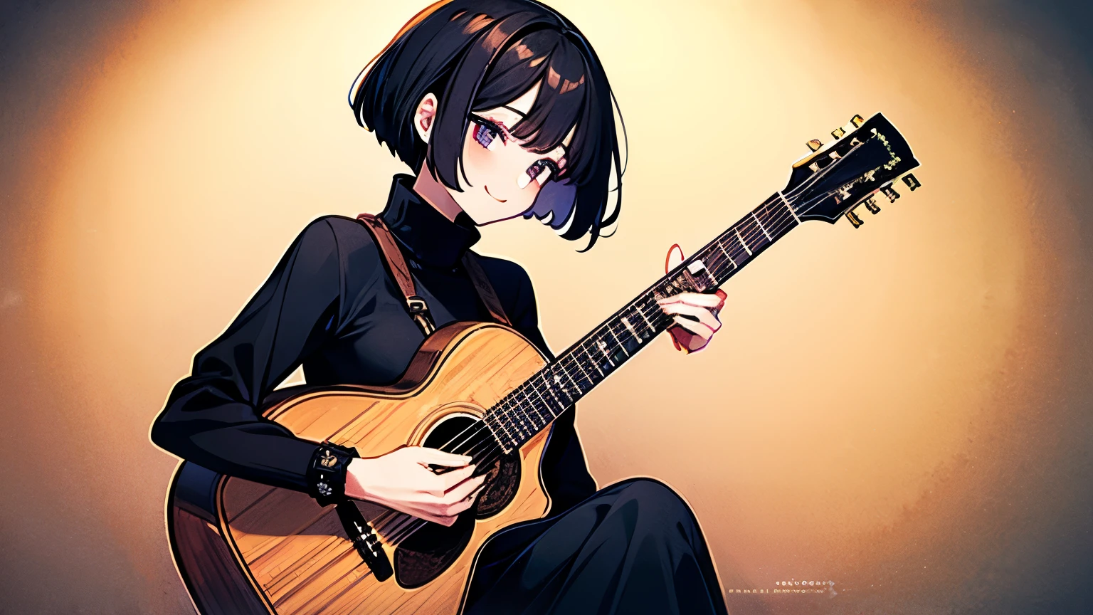 (( best quality)), ((masterpiece)), ( Details), 1girl,  black turtleneck, Black Eyes,Bob Hair , Black Hair ,  viewers,  long skirt,  Long Sleeve , smile,  is playing an acoustic guitar,indoor, 20 years old, Delicate fingertips,whole body,beautiful eyes, profile, 
