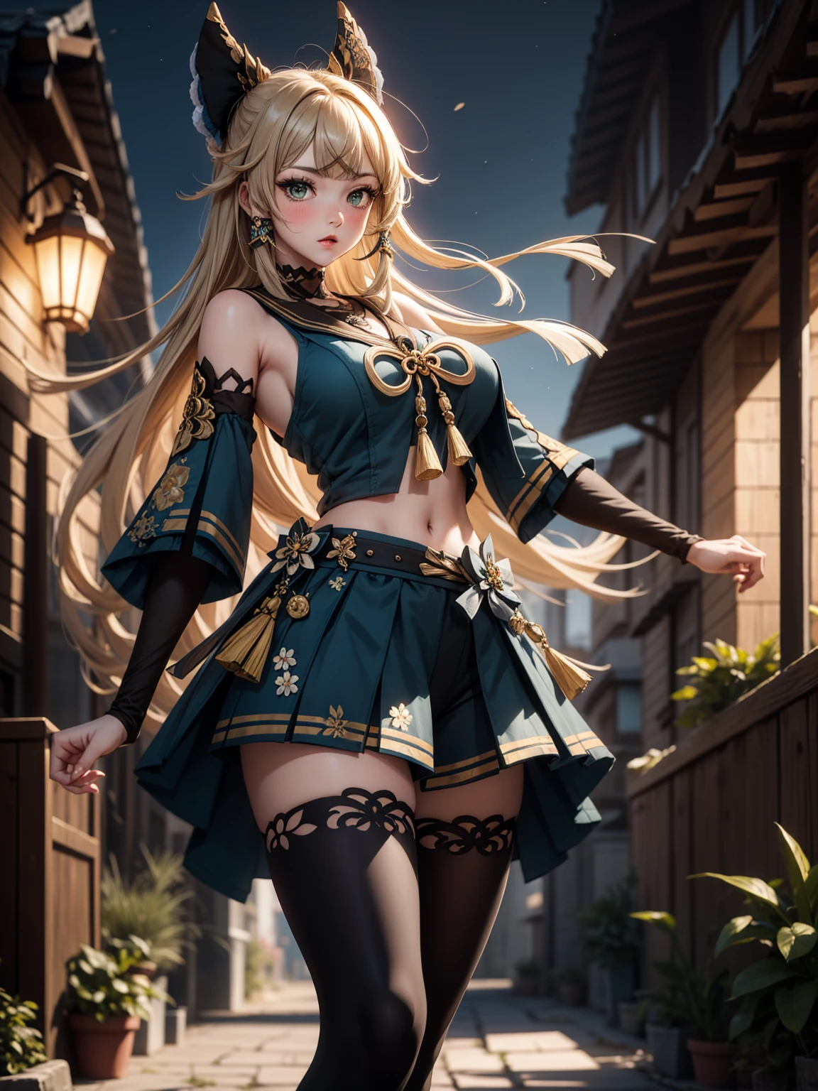 Masterpiece, high quality, blurry background, hd, 4k, night,kiraradef, (gigantic breasts), outdoors, standing, blush, looking at viewer, dynamic poses, 