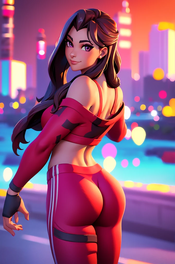 Ruby , (fortnite),1girl, solo, long hair, looking at viewer, smile, breasts, city background, butt, bare shoulders, tight shirt, closed mouth, portrait, red sweatshirt, skin tight pants, red sports pants, seductive, simple background, realistic, best quality, masterpiece, ultra detail, ultra high res, extreme detail, 8k, uhd