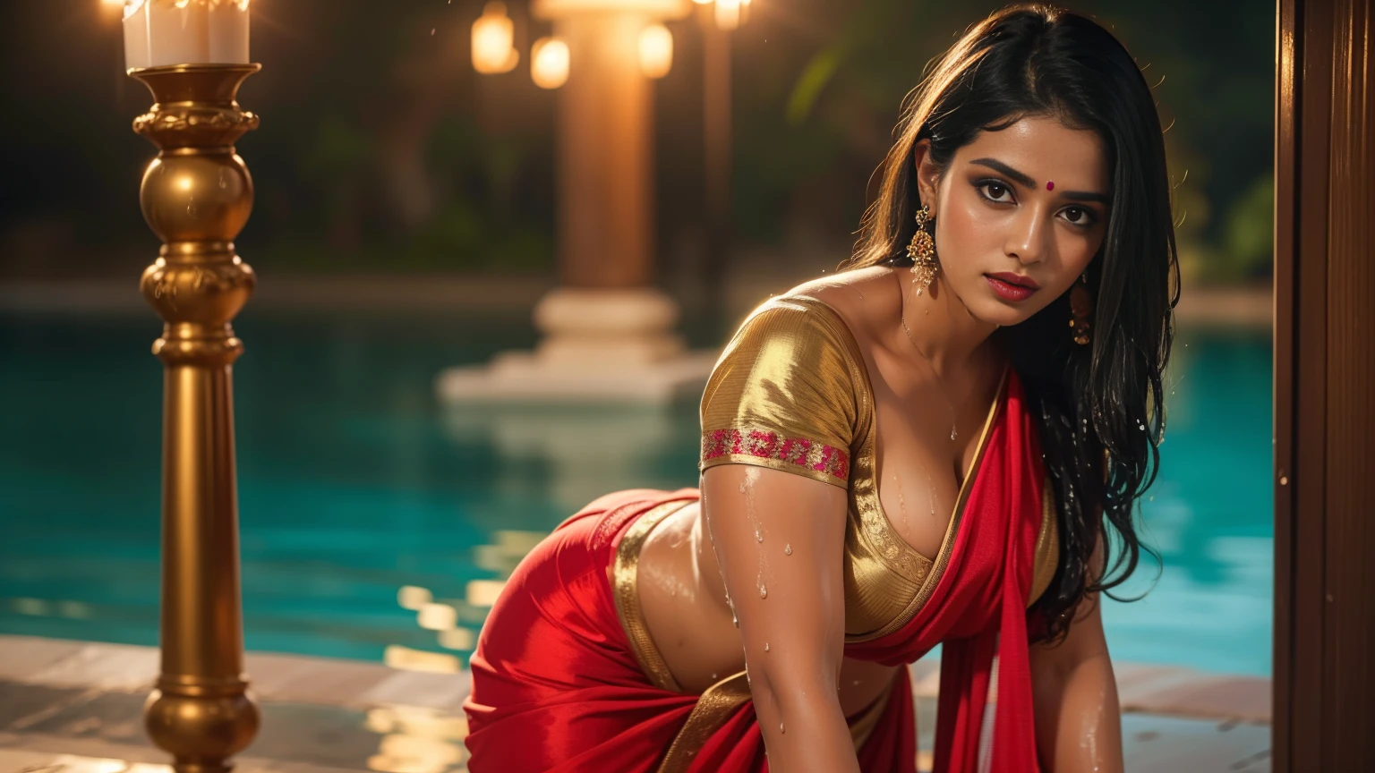  Beautiful cute wet tamanna bhatia, with thick thighs and a curvy waist,  wearing a red beautiful Indian dress, ((lowwaist)), ((wet silky hair)), ((wet hair)), ((loose wet hair)), (( beautiful Indian dress)) , bindi on forehead, highly detailed, depth of field, cinematic lighting, intricate, ((26yo, gorgeous face, model, makeup)), gorgeous Indian woman in outdoor wearing  blouse, milf, dusky skin, makeup, curvy, tall, hourglass figure, seductive , ((looking at viewer)), jewelry, black hair, ((MILF)), ((big :1.1)), ((wide hips:1.2)), full figured, seductive, photorealism, hyper realistic,((wearing bottom half  saree)), full face Blush, (seductive face)) , ((nipple visible)) , ((nudity)), raining