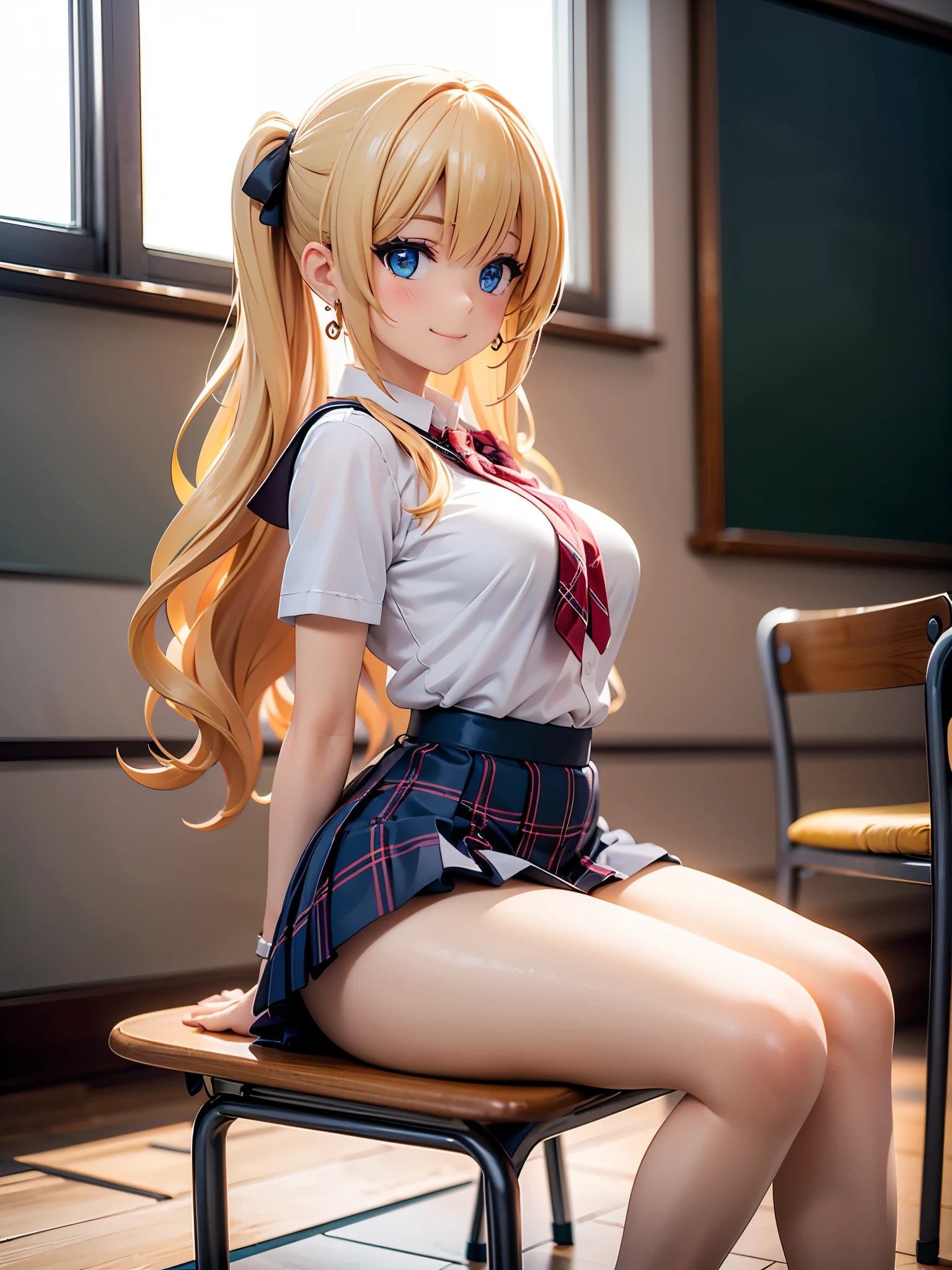 Realistic and detailed image of a girl in a school uniform with pleated plaid mini skirt. She has long wavy blonde hair in pigtails. Blue eyes. She has earrings, long eyelashes. she has small breasts, slim waist, very wide hips and thick thighs. smiling, pleased face. Legs open, panty view. Back arched. She is sitting in a classroom with sun rays at sunset.