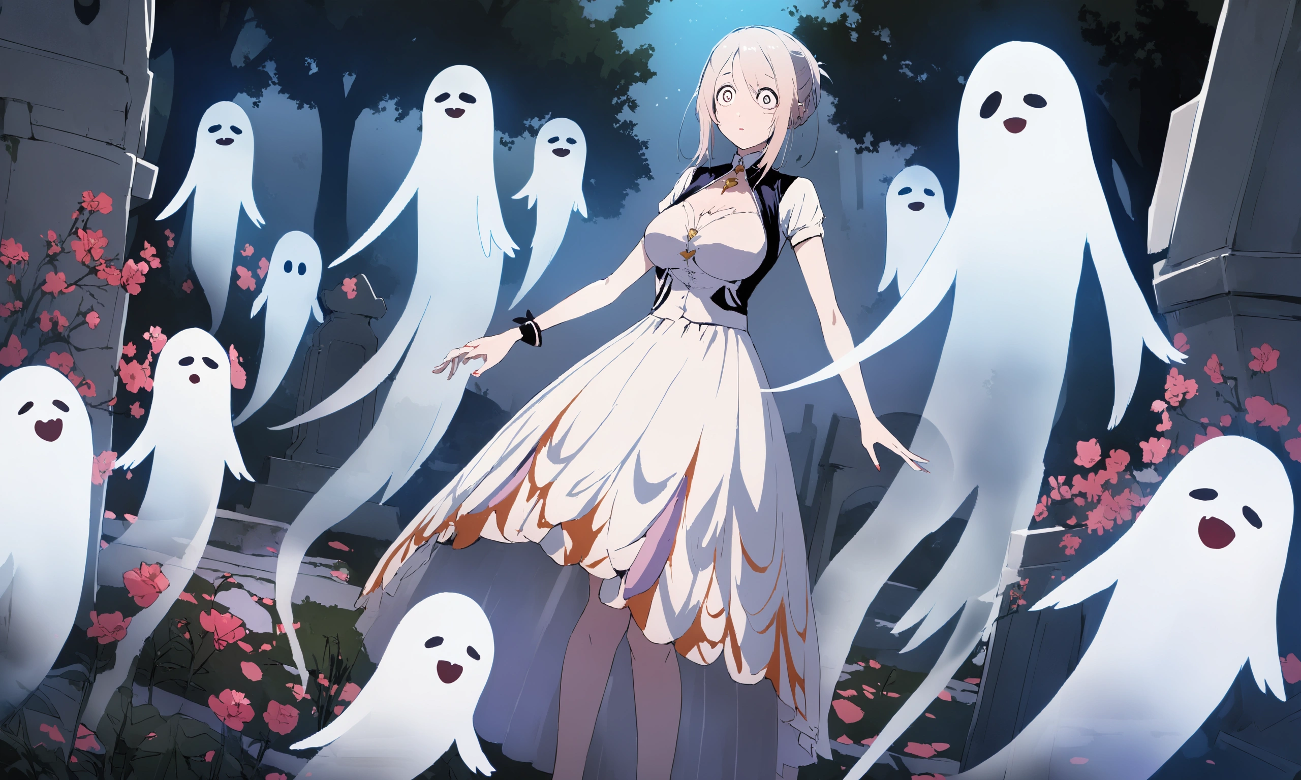 several floating ghosts interact over a Japanese cemetery, a new ghost (Kat, club outfit, wispy, semi transparent) joins the other ghosts in wide eyed wonder, moonlit