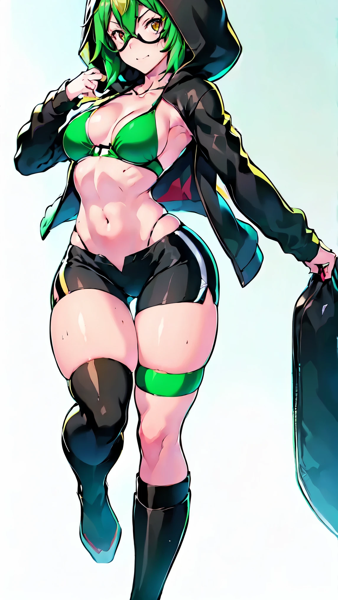 rina shinomyia、 biker shorts, half-open jacket, black hoodie, hood up, googles on neck, highthigh, high knee boots, long sleeves, , big red eyes, short green hair, small breasts, two-toned bikini, covered midrift. gradient highlight, digidestined.