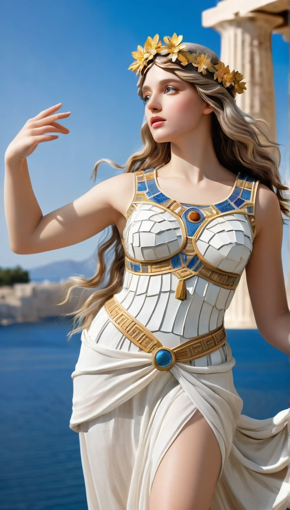 (8k, Highest quality, masterpiece)，(Realistic, RAW Photos, Super Fine Clear), Realistic Light, , Beautiful girl mosaic, Beautiful mosaics, ((25 year old girl, Goddess of victory, Nikke in Greek mythology:1.5)), Thin legs, fine grain, Long white hair, Detailed fingers, thin, Sexual, Vibrant, passion, Ecstasy Facial Expressions, (huge firm bouncing busts), , (Ancient Greek Dresses), (garden, Flower Storm), Lakeside palace, Parthenon temple, (art:1.5)