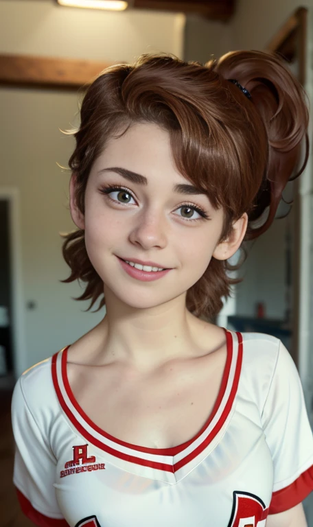 Photo of a -old american girl, .RAW, beautiful age girl, (long brown hair with ponytail), light brown hair ponytail hairstyle((portrait)), ((detailed face:1.2)), (( Detailed facial features )), ( finely detailed skin)  , (Masutepiece) (perfect proportions realistic photos)( The best quality ) (DETAILED)  taken with a Canon EOS R5, 50mm lens, f/2.8, nffsw, (8K) (wallpaper) (cinematic lighting) (dramatic lighting) (sharp focus) (Tangled) medium breasts ,  medium breasts , lots of freckles on cheeks and nose , freckles on chest, full body , beautiful body of a teengirl,  nice makeup , big smile  , slim statuesque woman , baseball clothing , baseball uniform , foto de full body ,  ready to bat , Base bat Ball  