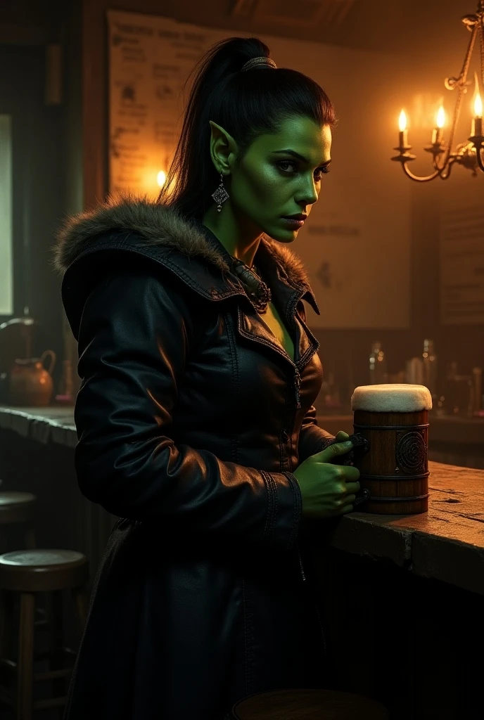 A4k picture of a female goblin, green skin, black hair, in a tavern, fully clothed, fur and leather garments