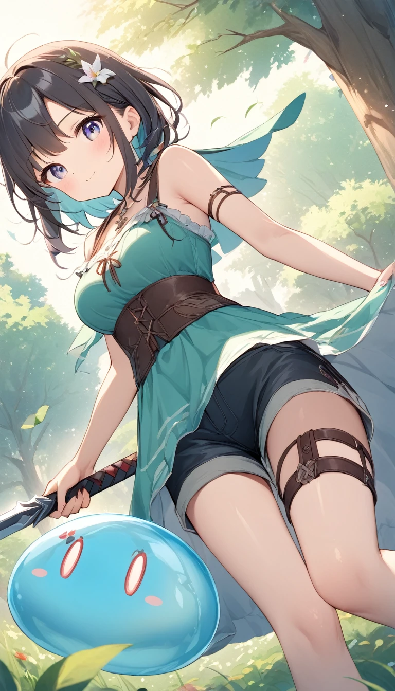 Top quality. Painting by Akihiko Yoshida. Hand drawn. Character design. Girl. A world of swords and sorcery. Miniskirt. Lying down and legs open. --auto --s2
