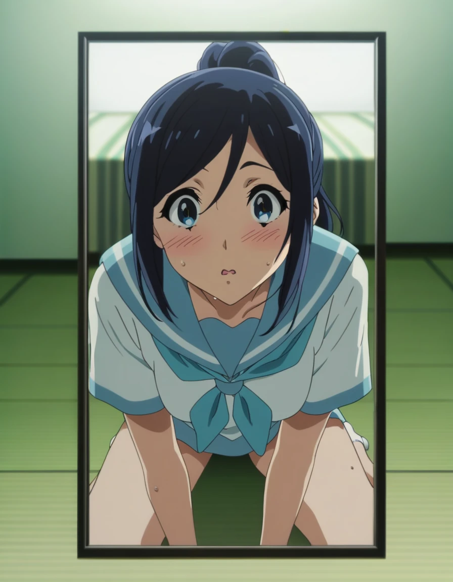 score_9, score_8_up, score_7_up, source_anime, official art, explicit, nsfw, (1girl), kasaki nozomi, Hibike! Euphonium, ((((I'm reflected in a big mirror)))), ((((Touch your cheek with one hand)))), (((front view))), (upper body), black hair, ponytail, ((wariza)), (((((sit flat on the floor with legs bent backwards))))), (shocked:1.0), ((looking at viewer)), parted lips, bed room, curvy, (blush), (sweat), wavy mouth, white socks, newest, very aesthetic, absurdres, pov, out of frame, outside border, cinematic lighting, framed, masterpiece, high quality, high details