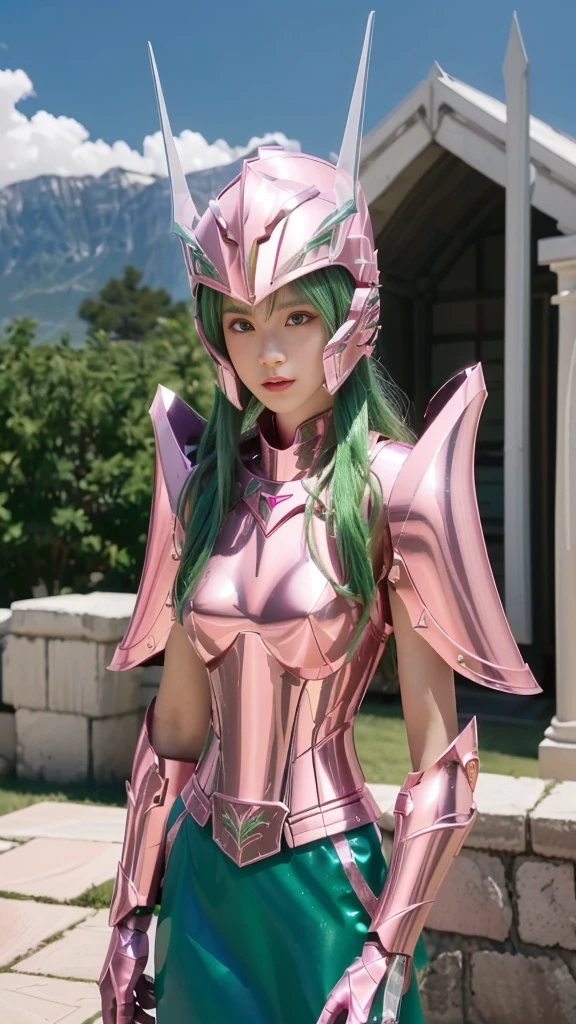 hyper realistic ultra detailed photograph , 8K, ultra-detailliert, ​masterpiece, top-quality, A high resolution, realistic skin textures, (female people:1.2), twinks, a beauty, Cool girls, long green hair,With keen eyes, Bad eyes, armature, (Photorealsitic:1.4), hight resolution, Raw foto, One man, shinny skin, (detailedskin:1.2), realistic skin textures, The best lighting, brilliance,   Pink mecha-armored, dramatic  lighting, Saint Seiya's Fighting Pose, (chain Cosmic background:1.3), use chain , Andromeda Armor,  Armor, (de pele branca), (long whitebbluish-(green hair:1.1), He wears a long white cape that goes down to his feet., 2, Hair and cloak fluttering in the wind