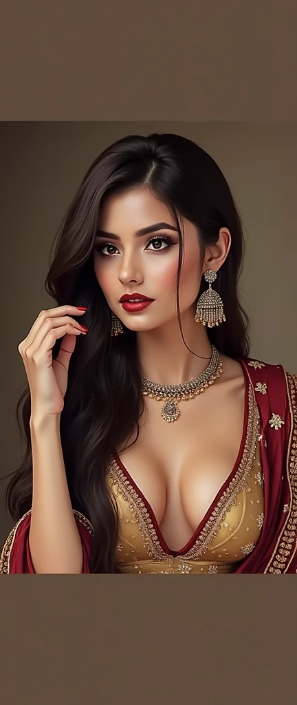 perfect pink eyes, fantastic face, Indian, beautiful look, ((red lips, bright eyes, curve heir 1.5)), ((beautiful details normal big breast )), (Straight round and ultra huge clevage, not sagging breast), A glorious gorgeous, glorious gorgeous face, pretty face, bright eyes, detailed elegant printed shirt and blue jeans,elegant hair, blurred gray tones background, ultra focus, face ilumined, face detailed, 8k resolution, painted, dry brush, brush strokes, razumov style and garmash style, by Tokaito, ((Full Open )), full body, sexy open thin belly, 