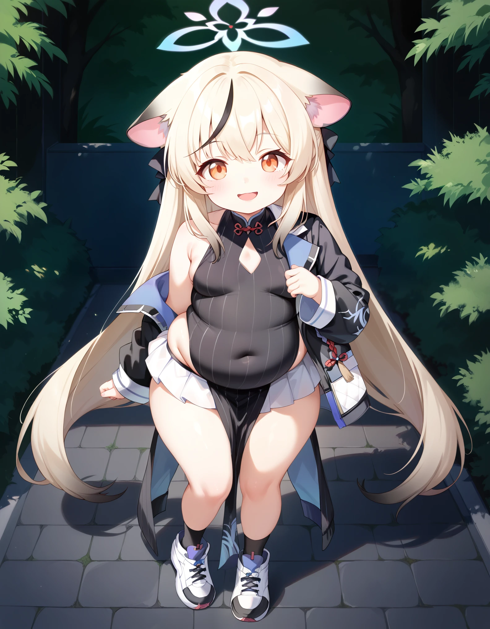 Masterpiece, hd, best quality, from front, kokona \(blue archive\), alone,orange eyes,multicolored hair,very long hair,animal ears,halo,black dress,(pelvic curtain:1.2),jacket, white skirt,black socks,sneakers, standing, outdoor, happy, smile, obesity, very fat, chubby, overweight body, big stomatch