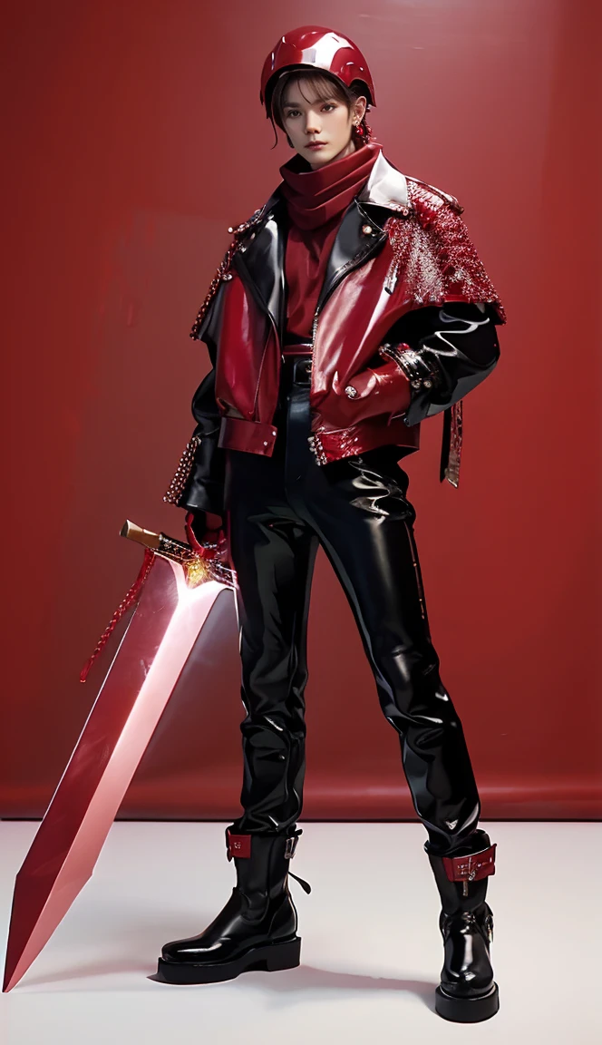 Accurate 、Full Body Photo 、Standing in his full height from head to toe 、Studio background 、Handsome 、 Taeyong from NCT 、Wearing a ruby leather jacket 、Ruby boots 、Black shiny pants 、 Holding a Huge ruby sword、Ruby helmet 、Ruby red scarf.