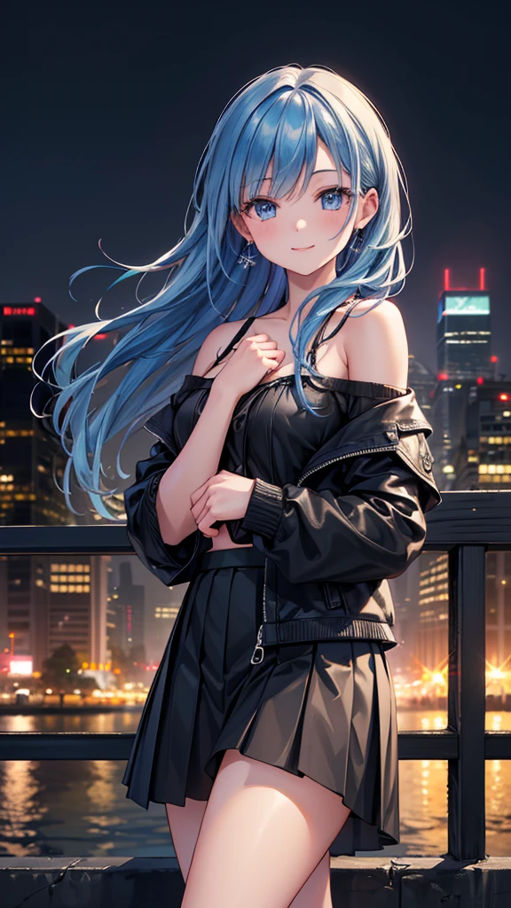 a beautiful young girl with long blue hair, black skirt, blue jacket, off-shoulder top, standing in a city skyline at night, surrounded by tall skyscrapers, her hair framing her face, looking directly at the viewer with a warm smile, several boys in the background, outdoors on a city street, pleated skirt, detailed facial features, realistic, photorealistic, ultra-detailed, (best quality,4k,8k,highres,masterpiece:1.2),ultra-detailed,(realistic,photorealistic,photo-realistic:1.37),HDR,UHD,studio lighting,ultra-fine painting,sharp focus,physically-based rendering,extreme detail description,professional,vivid colors,bokeh