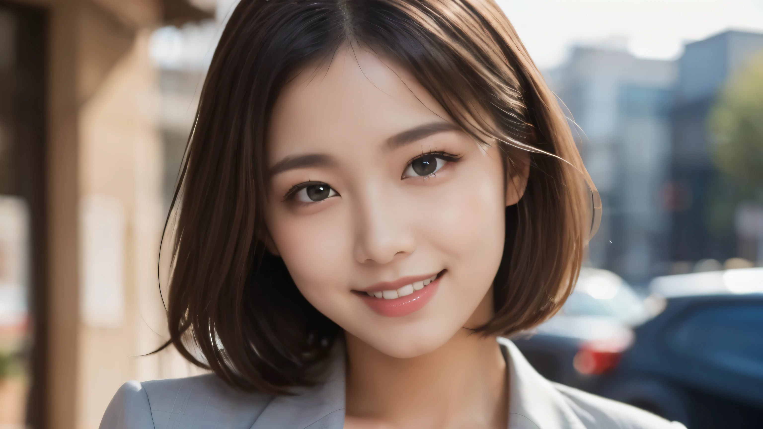 highest quality, figure, Ultra-detailed, finely, High resolution, 8K Wallpaper, 完璧なダイナミックな構figure, Beautiful Skin, (Big Eyes), 20 year old beautiful girl, Natural color lip, (Sexy pose), Mid chest, smile, Highly detailed face and skin texture, Detailed eyes, Double eyelid,leaking teeth and laughing, close-up, profile, Short black hair, (Khaki Suit), (blouse:1.2), In town