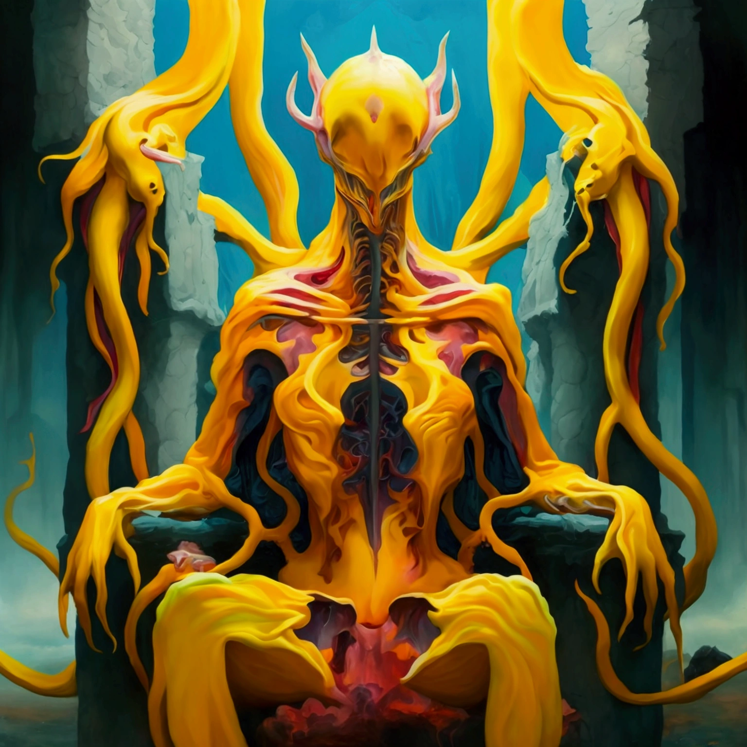 masterpiece art of Hastur, non-binary humanoid eldritch being, many yellow tentacles protruding from their back, glowing yellow eyes, full body shot, nude, sitting casually on their throne, (watercolor), high resolution, intricate details, 4k, wallpaper, concept art, watercolor on textured paper, natural beauty; (((Background))), A nightmarish landscape in the depths of the underworld, a hellish environment dominated by the centerpiece of a writhing mass of stacks and sacks of dismembered torso and limbs, intertwined and tangled together in a grotesque dance of death. The air is thick with the stench of burning flesh and brimstone, as if the very essence of what once was humanity has been distilled into a foul-smelling, viscous liquid that oozes from every crevice and orifice of this unimaginable abomination. The lighting is dim and hellish, casting long, twisted shadows that writhe and contort across the ground, making it impossible to discern any semblance of order or design in the chaotic mass of bodies. The ground itself appears to be made of twisted, jagged bones and shards of broken glass, further emphasizing the inhospitable nature of this realm.