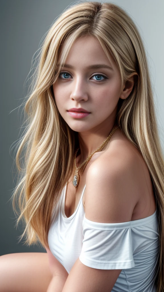 1girl,solo,necklace,jewelry,long blonde hair,blue eyes,((slight fat:1.4)),t shirt,looking at viewer,realistic,upper body,off shoulder,bare shoulders,sitting,full body,Detailed face,detailed eyes,detailed nose,detailed mouth,((UHD,masterpiece,super detail,award winning:1.4,best quality:1.2,highres,high quality))