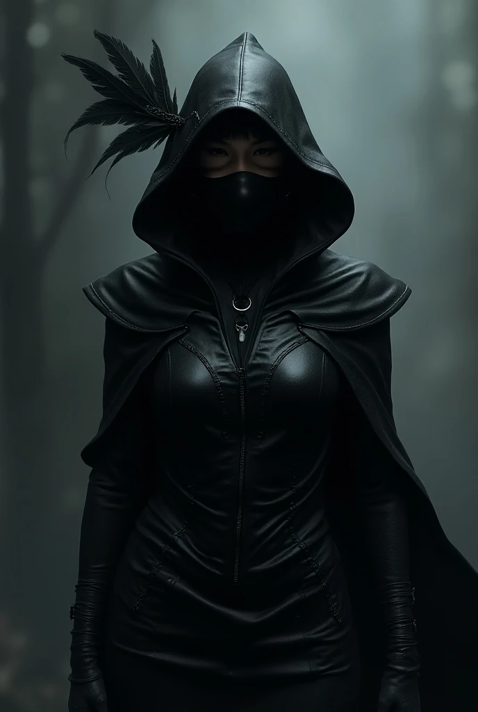 Girl with short black hair with a white owl mask with black armor with a cape and hood on the cape has the design of a white tiger she carries two curved swords at her waist