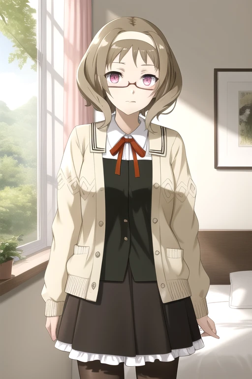 1girl, solo, glasses, (pink eyes:1.4), (glowing eyes:1.5), brown hair, short hair, hairband, 
BREAK pantyhose, black pantyhose, skirt, school uniform, (light brown cardigan:1.2),
BREAK expressionless,
BREAK (standing upright:1.2),
BREAK (from front, cowboy shot:1.1), (bed room:1.2),
BREAK (illustration:1.1),
BREAK (masterpiece, best quality, ultra detailed, professional quality:1.2), (high resolution, textile shading:1.3), (caustics, ambient light, sunlight, hard shadows), (HD), rich contrast,