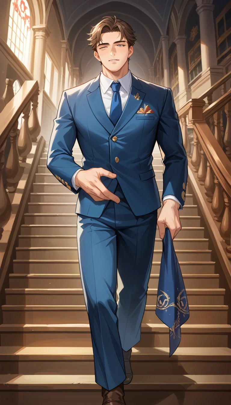 best quality, masterpiece, hyper realistic, extremely handsome japanese man, fluffy medium length hair, athletic build, elegant military ouji style clothes, walking down the stairs of fancy luxurious castle, hand on railing, passionately kissing a very sexy male butler, romantic atmosphere, perfect fingers, perfect hands, perfect face, perfection