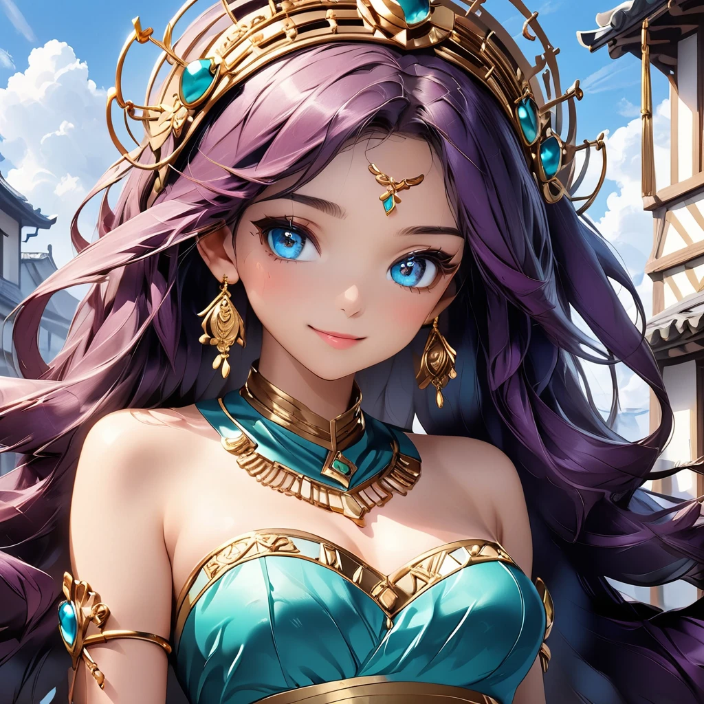 Masterpiece, 4K, HDR, full HD, (best quality), (ultra detailed), (only), intricate ANIME TYPE, best quality, 1girl, deep purple hair , hyper beautiful face, purple hair, perfect anatomy, shiny skin, full body, alone (shiny purple hair, long hair), looking at viewer, perfect hands, perfect legs, super detailed clothes, intricate clothes, hyper detailed cloths, super detailed face, super detailed skin, super detailed quality, expressive eyes, blue eyes, super detailed eyes, JK, epngekatsuragimisato , SDXL Illustration Design Beautiful Girl Two-dimensional Pretty Girl Digital Painting Comic Ukiyo-e Watercolor Manga Other,ROUGH, smile, blushing, dynamic pose, American shot, cowboy shot, portrait quality, A woman's outfit in the style of Jazmín is exotic and elegant. She wears a turquoise silk or satin crop top, with gold details and intricate embroidery that exposes her shoulders and abdomen. Her pants are wide and fluid, with a high waist adorned with gold belts and semi-transparent fabrics that float around them. She wears pointed slipper-style shoes and gold bracelets on her wrists and ankles. Her hair is loose or partially tied up, adorned with a jeweled headdress or a thin diadem that crosses her forehead. The set evokes a mix of charm, freedom and oriental royalty.