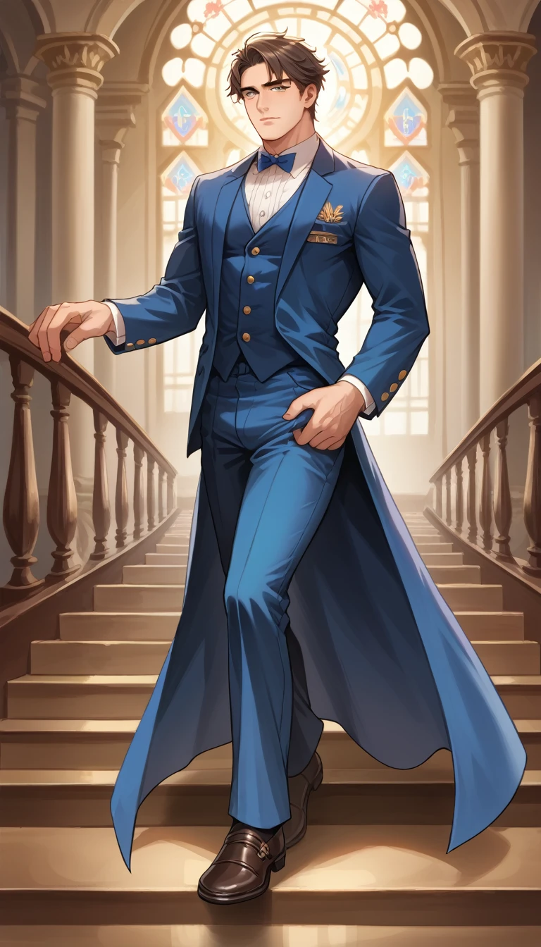 best quality, masterpiece, hyper realistic, extremely handsome japanese man, fluffy medium length hair, athletic build, elegant military ouji style clothes, walking down the stairs of fancy luxurious castle, hand on railing, passionately kissing a very sexy muscular male butler, romantic atmosphere, perfect fingers, perfect hands, perfect face, perfection