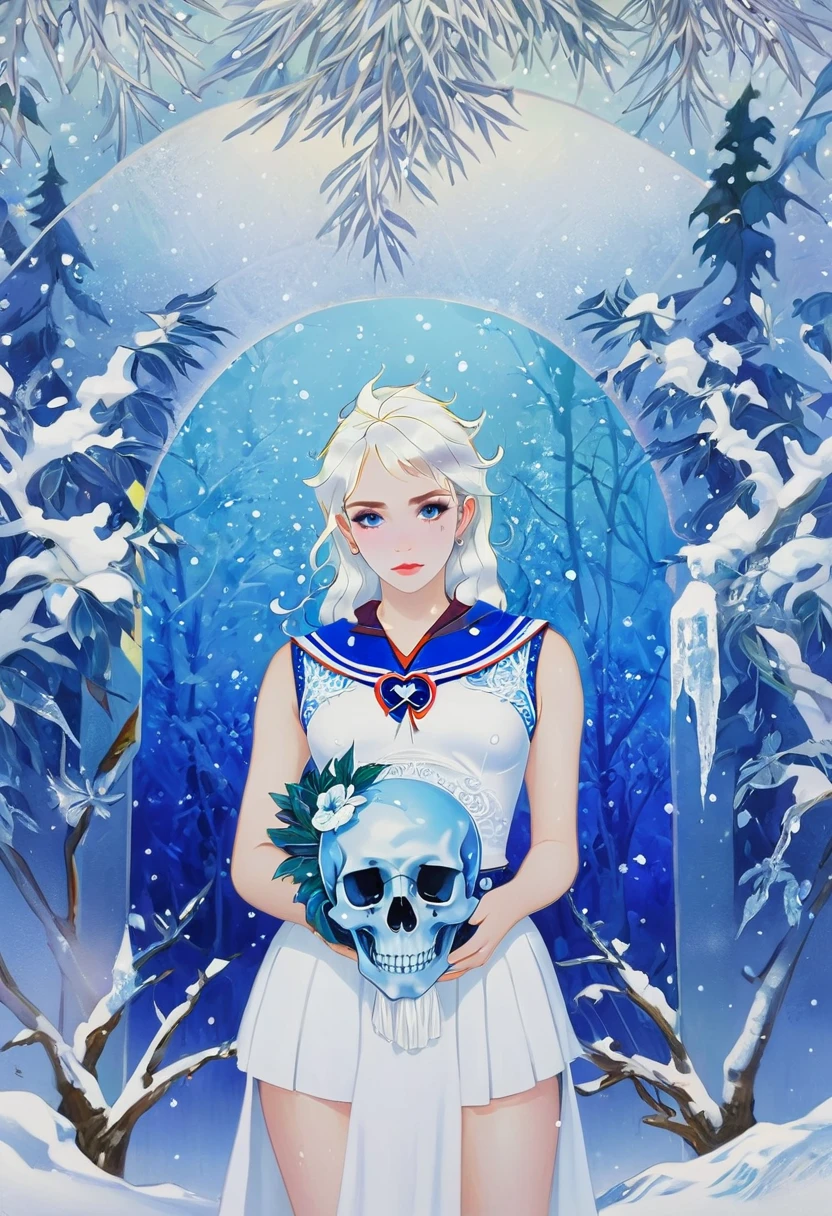 ((best quality)), ((official art)), ((masterpiece)), textile shading, ((ultra-detailed)), solo, full color, (1girl, solo, bssmsuperoutfit, circlet, white leotard,,blue sailor collar, sleeveless, heart brooch, miniskirt, white gloves, hairstyle, hairlength , detailed face, (full body:1.1)), (in nature) (best quality, highres, ice skull:1.1), ice skull, girl style, thick body art, detailed facial features, icy blue eyes, glossy lips, long eyelashes, porcelain skin, blue and silver color scheme, intricate skull design, realistic texture, vibrant colors, elaborate background, mysterious atmosphere, frozen garden, snow-covered trees, sparkling ice crystals, surreal lighting, fantasy elements