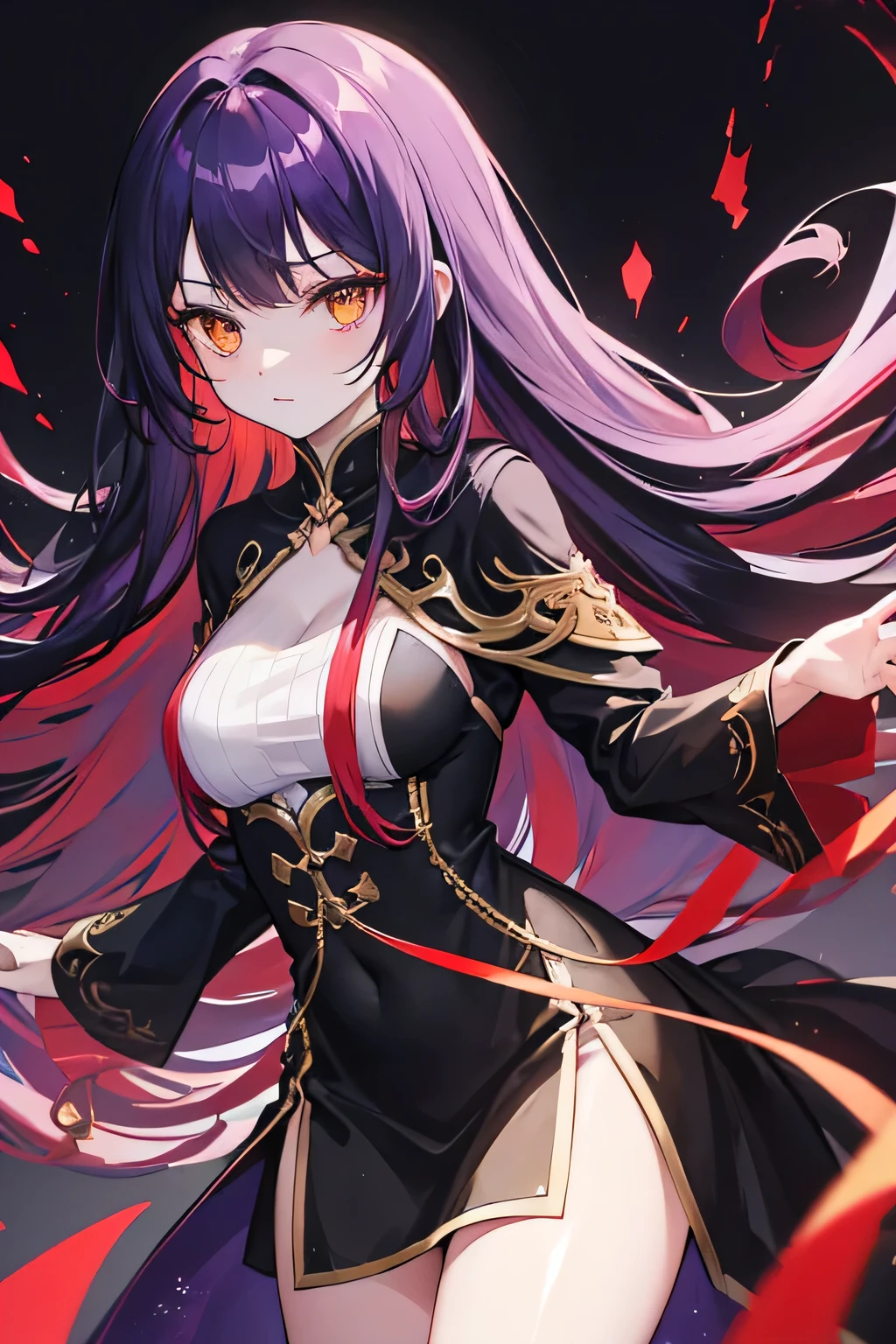 Adult Anime Woman Style, an exquisitely detailed masterpiece with a woman adorned in the likeness of an anime character. She showcases clear-feet and cascading hair of both black and crimson hues, with captivating purple eyes that sparkle like gemstones. A crescent moon symbol graces her left breast, adding an enigmatic allure to her appearance.

Dressed in a dramatic black dress, the upper part of her attire features a long-sleeved coat with bold red accents, while the lower part transforms into a flowing skirt with a captivating tail. In her right hand, she wields a sword with a