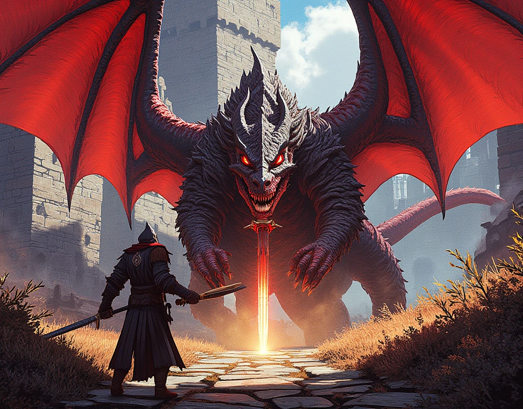 IMG_2384.CR2: ((Masterpiece)), ((ultra-detailed, 8k quality)), pixel art style, epic fantasy scene, massive red dragon with black and gray scales, wide bat-like wings, fierce eyes, medieval castle ruins in the background, a lone warrior wielding a glowing sword, face-off stance, rugged stone pathway, sparse grass and bushes, highly detailed dragon textures, sunlight casting shadows, dramatic lighting, intense contrast, high resolution, [Greg Rutkowski, John Howe, Akihiko Yoshida]