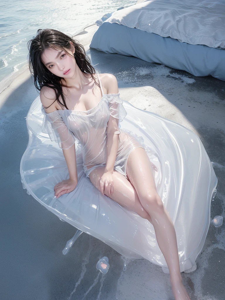 (Night Sky),(Moonlit Night),(Starry Sky),Beautiful woman,Perfect body,Soft body line ,Big Breasts,Beautiful round ass,(Beautiful round assを披露しましょう),((Lying by the water)),(( wet hair))((Wet skin texture:1.5)),((Wet skin texture:1.5))(( pure white wet thin fabric nightgown)),((Transparent nightgown texture :1.5)),((See-through))(( off-shoulder flatline)),