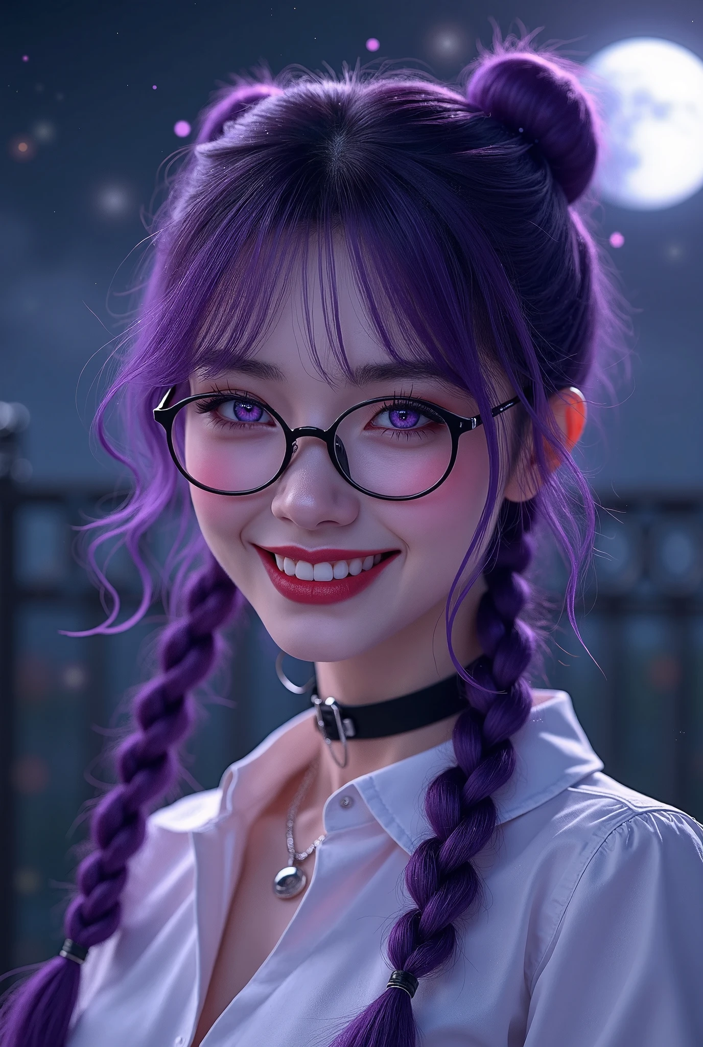 background(black night sky,Big Moon),Woman close up,Wearing a white shirt、((Black-rimmed glasses))、Purple Hair,Very long hair,very thick braids,Purple eyes,big , realistic girl rendering, 8k artistic german bokeh, Enchanting girl, Real Girls, Gurwitz, Gurwitz-style artwork, Girl Roleplay, Realistic 3D style, cgstation Popular Topics,, 8K Portrait Rendering,(truth,truth:1.4),巨big ,Sparkling eyes,Purple eyes、Captivating beauty、Attractive adult woman、Beautiful woman、Cool girl、evil female、brainwashed、brainwashing、Fallen into evil、Grin、evil expression、evil smile、evil、Brown Hair、Wavy Hair、Swept-apart bangs、Heavy makeup、Heavy makeup、Sharp Eye、Hollow Eyes,Half-closed eyes、Hollow Eyes、Purple Eyeshadow、Black lipstick、Black lip gloss、long black cheongsam、Wide sleeves、night、Spooky Fortress Scenery Brush、Compensate、Are standing、