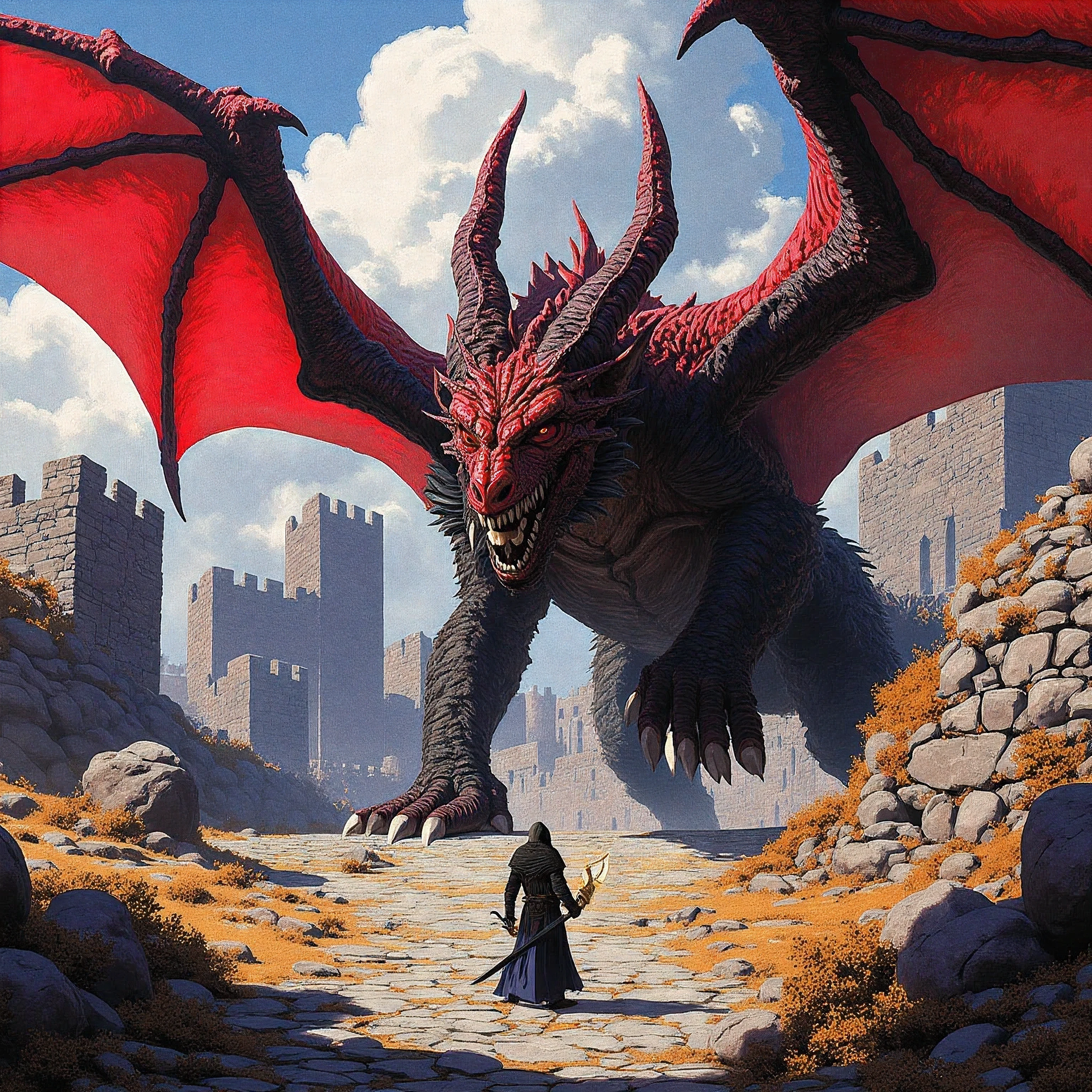 IMG_2384.CR2: ((Masterpiece)), ((ultra-detailed, 8k quality)), pixel art style, epic fantasy scene, massive red dragon with black and gray scales, wide bat-like wings, fierce eyes, medieval castle ruins in the background, a lone warrior wielding a glowing sword, face-off stance, rugged stone pathway, sparse grass and bushes, highly detailed dragon textures, sunlight casting shadows, dramatic lighting, intense contrast, high resolution, [Greg Rutkowski, John Howe, Akihiko Yoshida]