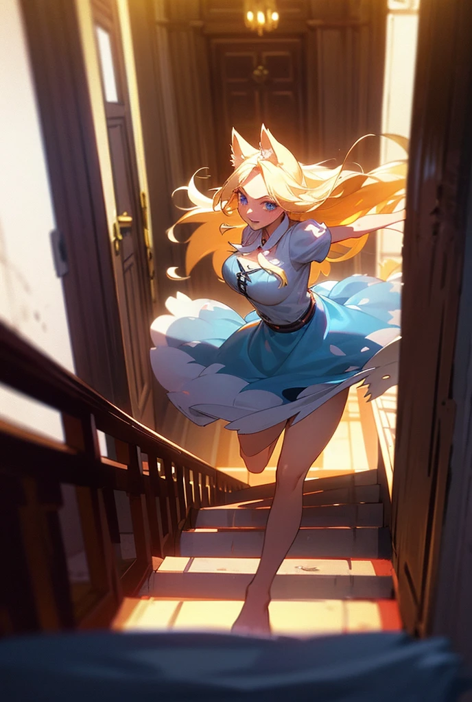 1 girl,  long hair ,  High resolution , breasts, Rice, blue eyes,  Fringe between the eyes, Necessary, HD model, Blonde hair, shiny hair,  Split Fringe, Light blush,  red lips, shy, Vanishing point, silhouette, Scanlines, ANIME STYLE, anime, Illustration, one piece, wavy hair, Alone, messy hair, Textured skin, wolf ears, canine teeth, running pelo corredor, running,  depth of field , Lines of action,  drop shadow ,  castle corridor , corredor de chic house, chic house, taken,  looking down,  Back view, side view, excited, constrained , needy, wolf tail, short jeans, cropped floral, floral blouse, bare feet 