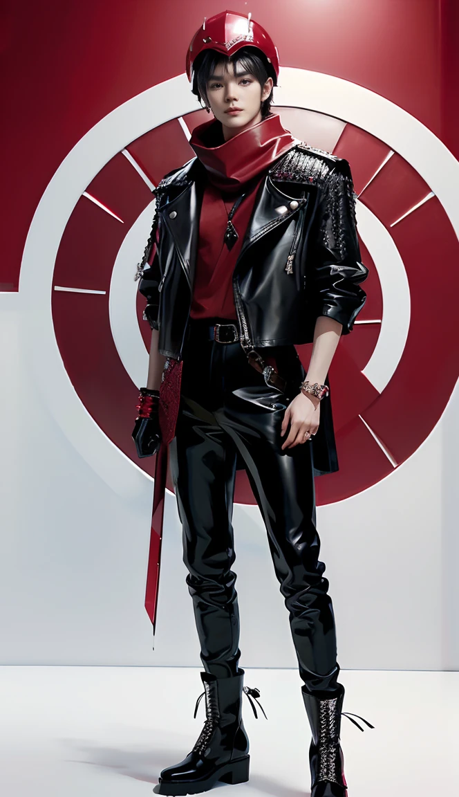 Accurate 、Full Body Photo 、Standing in his full height from head to toe 、Studio background 、Black hair 、 Handsome 、 Taeyong from NCT 、Wearing a ruby leather jacket 、Ruby boots 、Black shiny pants 、Ruby cape 、 Holding a Huge ruby sword、Ruby helmet 、Ruby red scarf.