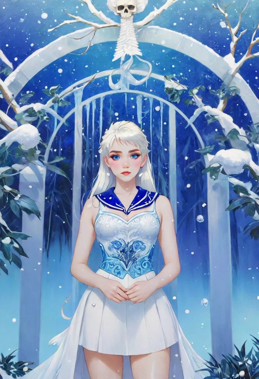 ((best quality)), ((official art)), ((masterpiece)), textile shading, ((ultra-detailed)), solo, full color, (1girl, solo, bssmsuperoutfit, circlet, white leotard,,blue sailor collar, sleeveless, heart brooch, miniskirt, white gloves, hairstyle, hairlength , detailed face, (full body:1.1)), (in nature) (best quality, highres, ice skull:1.1), ice skull, girl style, thick body art, detailed facial features, icy blue eyes, glossy lips, long eyelashes, porcelain skin, blue and silver color scheme, intricate skull design, realistic texture, vibrant colors, elaborate background, mysterious atmosphere, frozen garden, snow-covered trees, sparkling ice crystals, surreal lighting, fantasy elements