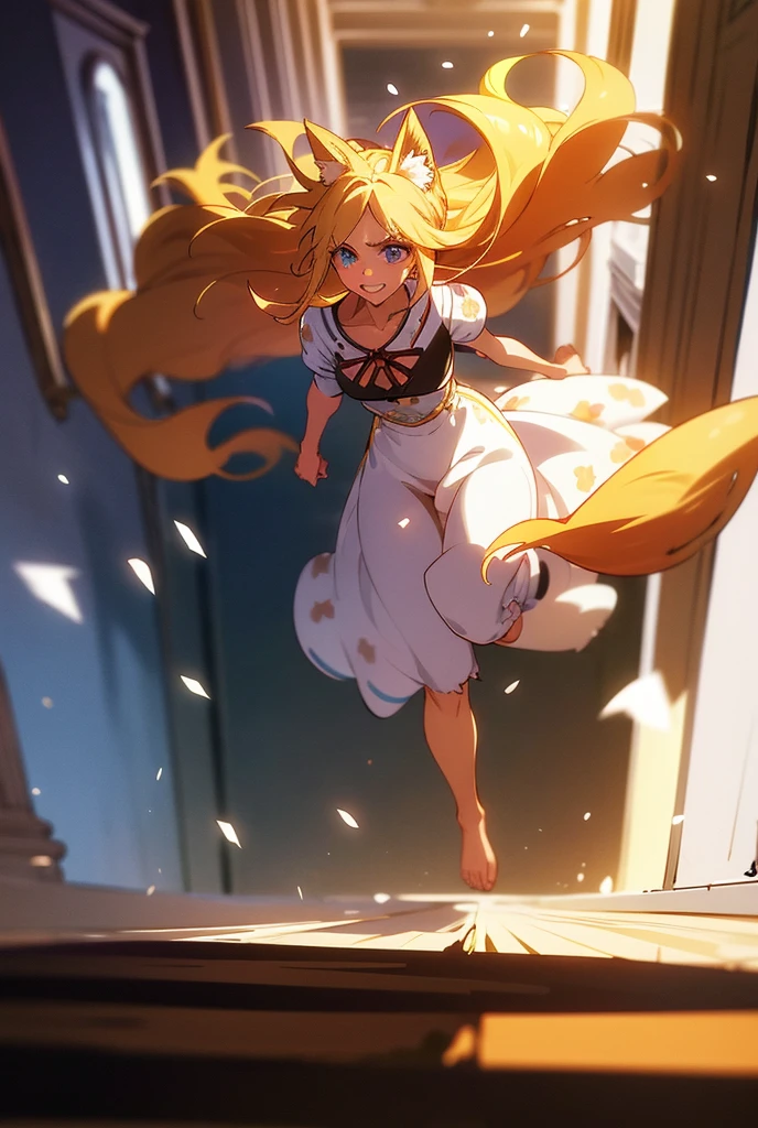 1 girl,  long hair ,  High resolution , breasts, Rice, blue eyes,  Fringe between the eyes, Necessary, HD model, Blonde hair, shiny hair,  Split Fringe, Light blush,  red lips, shy, Vanishing point, silhouette, Scanlines, ANIME STYLE, anime, Illustration, one piece, wavy hair, Alone, messy hair, Textured skin, wolf ears, canine teeth, running pelo corredor, running,  depth of field , Lines of action,  drop shadow ,  castle corridor , corredor de chic house, chic house, taken,  looking down ,  Back view, side view, excited, constrained , needy, wolf tail, short jeans, cropped floral, floral blouse, bare feet 