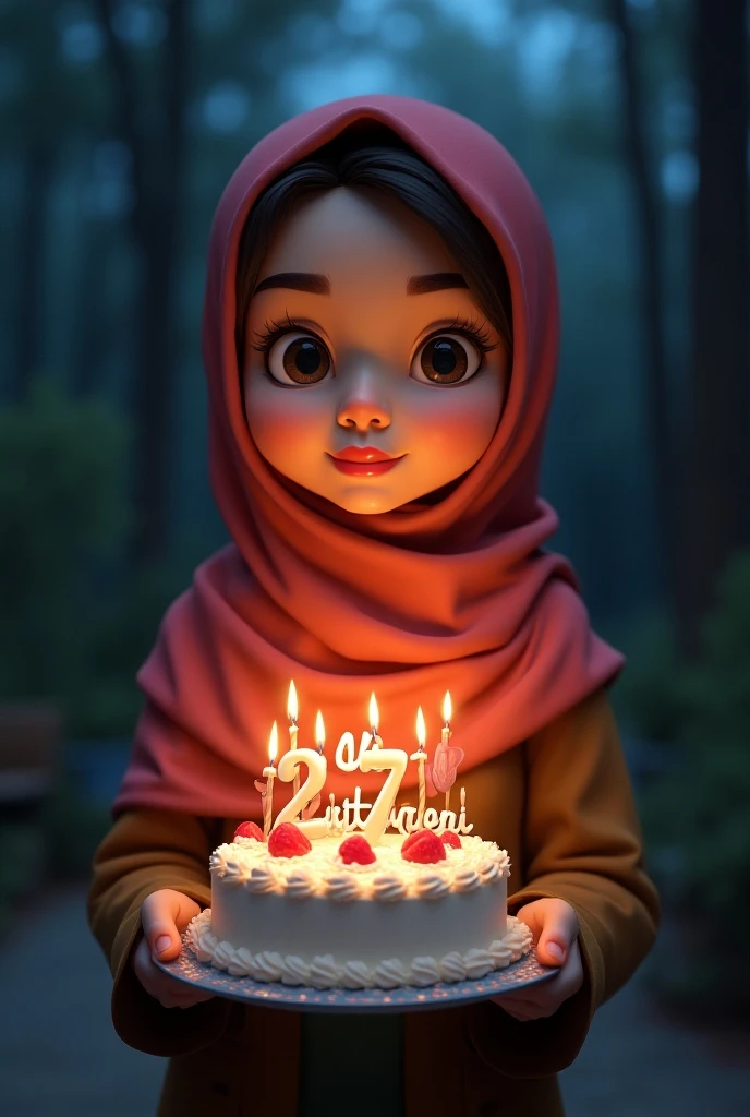 Its Saada's birthday. She likes the colour blue. Generate a beatiful and slim arab girl wearing hijab as the birthday girl with all sorts of banners and decorations and a cake. The cake and banners should show that She is turning 24 and her birthday is 18th of August. She is my one and only love. Make it anime style