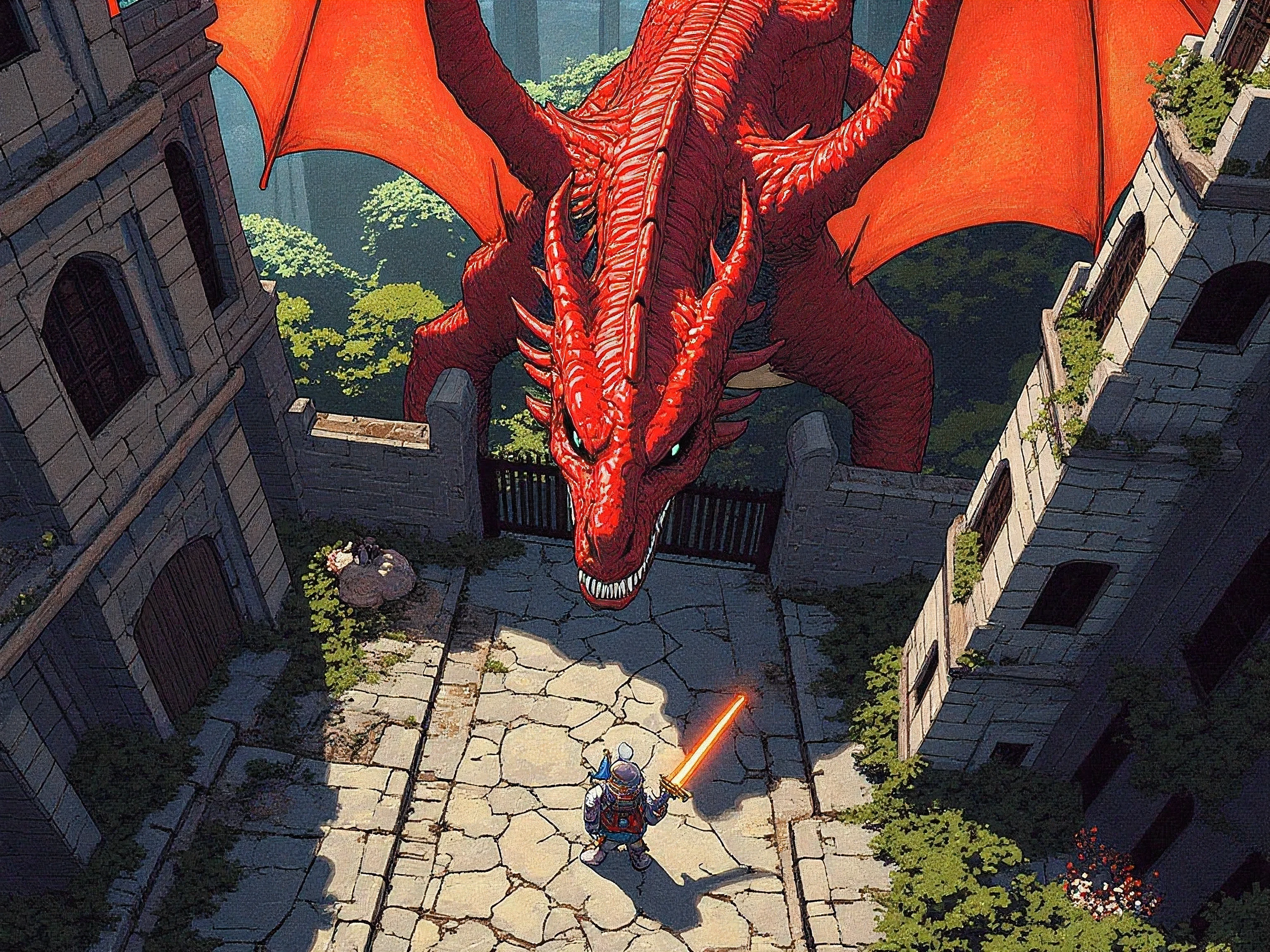 "IMG_2384.CR2: A highly detailed dragon with red wings and fiery scales, towering in front of an ancient stone castle in a fantasy setting. The dragon’s enormous size contrasts with a small warrior in armor below, holding a glowing sword, as they prepare for an epic battle. The castle’s medieval architecture is intricate, with cracked pavement and lush green foliage surrounding the structure. The stone textures of the castle are meticulously detailed, with a mix of crumbled stone and weathered battlements. The scene is viewed from a top-down perspective, showcasing the dragon's full wingspan and the warrior’s readiness. Vivid colors highlight the dynamic contrast between the dragon's fiery body and the cool, muted stone surroundings. The scene is bathed in dramatic lighting, casting long shadows and creating an intense, heroic atmosphere. Pixel art style is emphasized with clean, crisp edges, and the scene is rendered in high resolution. [Artists: Yoshitaka Amano, Akira Toriyama, Hironobu Sakaguchi]."